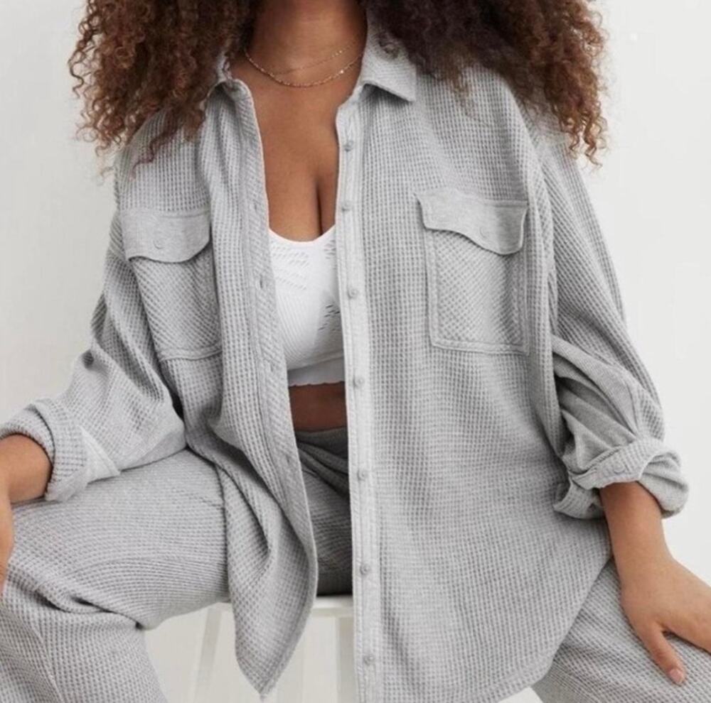 Aerie LumberJane Waffle Knit Oversized Button-Up Shirt Gray